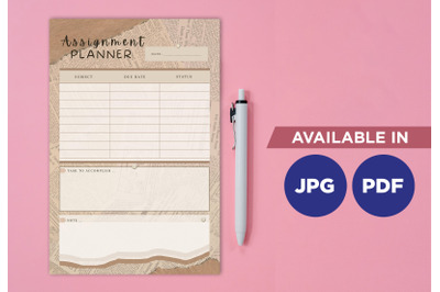 Assignment planner printable template paper sheet