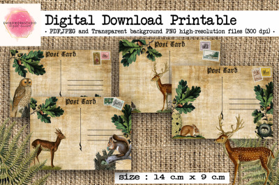 Woodland Post cards,Animal Post cards,Printable cards