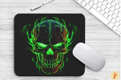 Neon Green Flame Scary Skull Mouse Pad