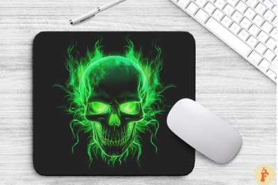 Neon Green Flame Spooky Skull Mouse Pad