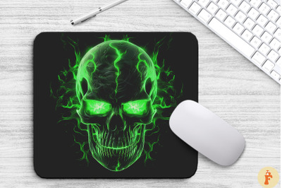 Neon Green Flame Spooky Skull Mouse Pad