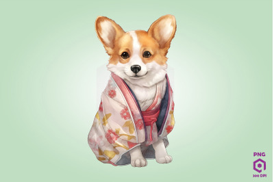 Pembroke Welsh Corgi Dog in Kimono PNG