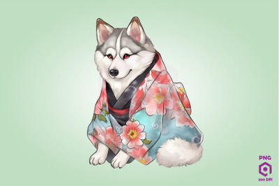 Siberian Husky Dog in Kimono PNG