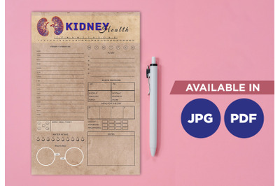 Kidney tracker planner printable template paper sheet