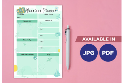 Vacation planner printable template paper sheet