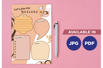 Weekend planner printable template paper sheet