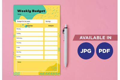 Weekly budget planner printable template paper sheet