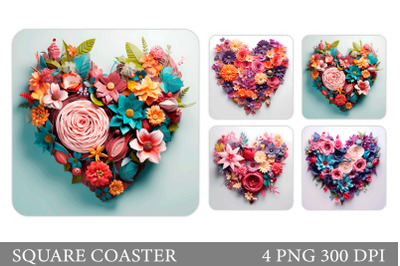 3D Flowers Square Coaster. Flowers Hearts Coaster Design