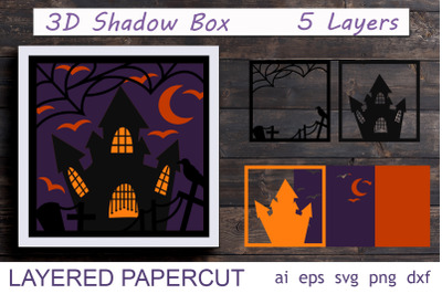 Halloween shadow box svg, 3d layered haunted house