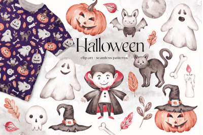 Watercolor Halloween clip art and seamless patterns
