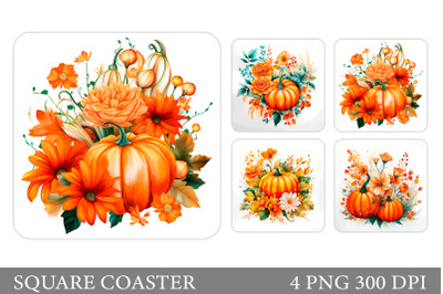 Fall Square Coaster Design. Pumpkin Flowers Coaster