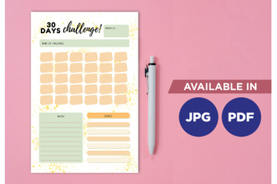 30 day challenge planner printable template paper sheet