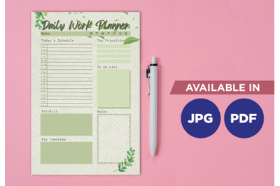 Daily work planner printable template paper sheet