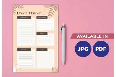 Dream planner printable template paper sheet