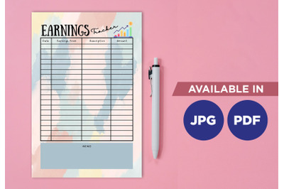 Earnings tracker planner printable template paper sheet