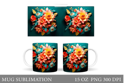 3D Flowers Mug Sublimation. Paper Flowers Mug Wrap Template