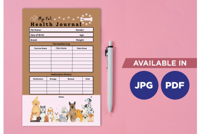 Pet health planner printable template paper sheet