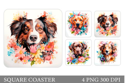 Dog Square Coaster Design. Dog Flowers Coaster Sublimation