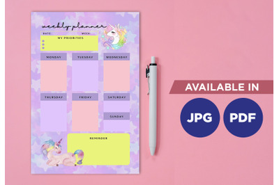 Unicorn planner printable template paper sheet