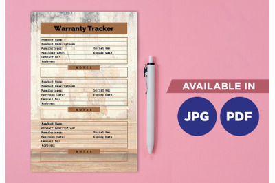 Warranty tracker planner printable template paper sheet