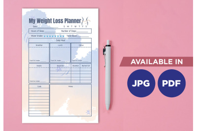 Weight loss planner printable template paper sheet