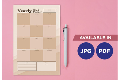 Yearly work planner printable template paper sheet