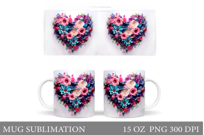 3D Flowers Heart Mug Sublimation. Flowers Mug Wrap Design