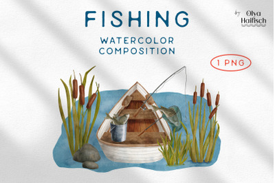 Watercolor Fishing Clipart. Lake and Boat PNG Composition