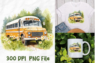 Retro Back To School Bus Daisy Forest