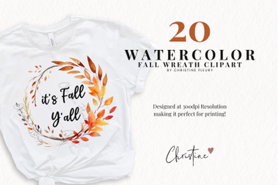 20 Watercolor Fall Wreath Clipart Graphic