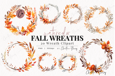 20 Watercolor Fall Wreath Clipart Graphic