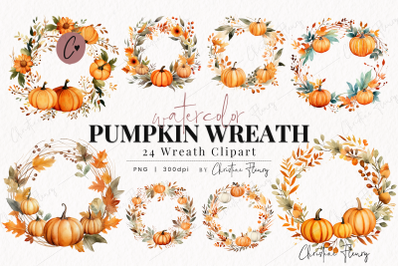 24 Watercolor Pumpkin Wreath Clipart