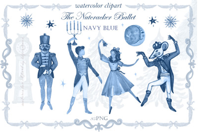 The Nutcracker Ballet Navy Blue Watercolor Clipart.