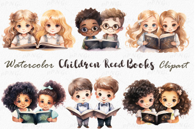 Watercolor Children reading books clipart, kids Love Books, png files,