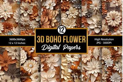 3D Boho Flowers Digital Paper Seamless Patterns