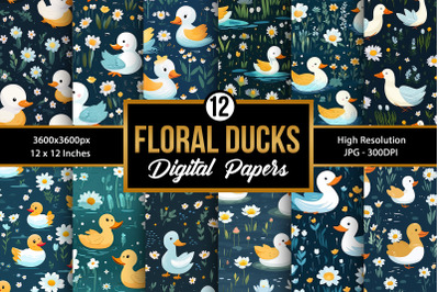 Cute Floral Ducks Seamless Pattern Digital Papers