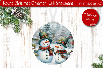 Round Christmas ornament Sublimation Watercolor Snowman PNG