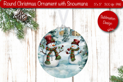 Round Christmas ornament Sublimation Watercolor Snowman PNG