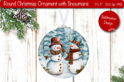 Round Christmas ornament Sublimation Watercolor Snowman PNG