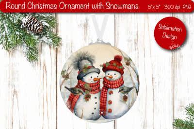 Round Christmas ornament Sublimation Watercolor Snowman PNG