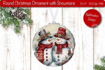 Round Christmas ornament Sublimation Watercolor Snowman PNG