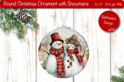 Round Christmas ornament Sublimation Watercolor Snowman PNG