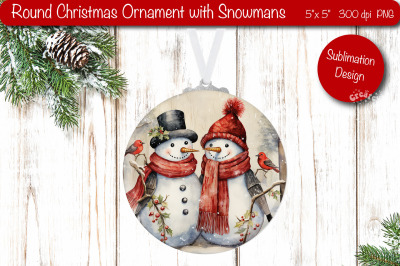 Round Christmas ornament Sublimation Watercolor Snowman PNG