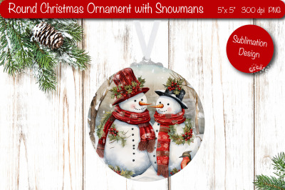 Round Christmas ornament Sublimation Watercolor Snowman PNG