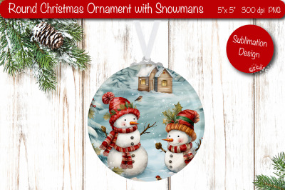 Round Christmas ornament Sublimation Watercolor Snowman PNG