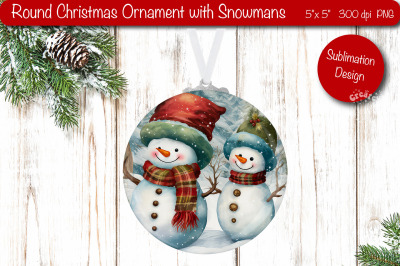 Round Christmas ornament Sublimation Watercolor Snowman PNG