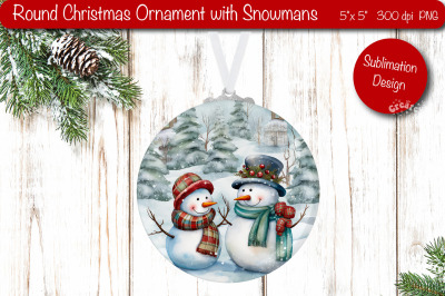 Round Christmas ornament Sublimation Watercolor Snowman PNG