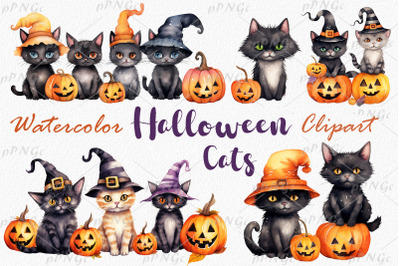 Halloween Kittens - Watercolor Clipart&3A; Adorable&2C; Cute&2C; Witchy&2C;