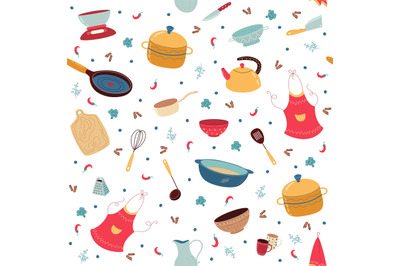 Seamless pattern with kitchen items. Gastronomy culinary equipment iso