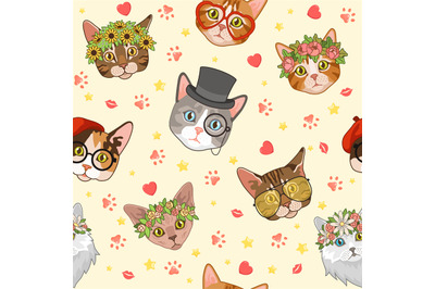 Seamless pattern with kittens. Cat heads in hats and glasses&2C; flower w